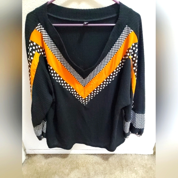 SHEIN V Neck Black/White Polka-dot/Orange Lace Blouse - Picture 1 of 11